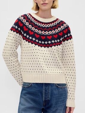 GAP Cotton-Blend Raglan Crewneck Cream Fair Isle Heart Yoke Sweater Red Navy NEW